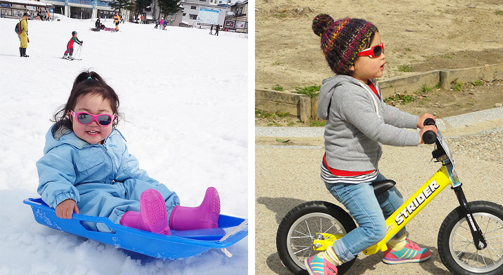 サングラスをかけた子どもの雪遊び、自転車遊び