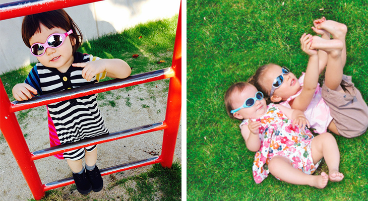 サングラスをかけた子どもの公園遊び、芝生遊び